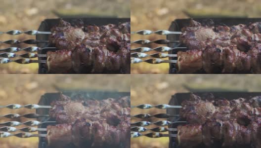 鲜肉串在热木炭烤架上烤着。特写准备烤肉高清在线视频素材下载