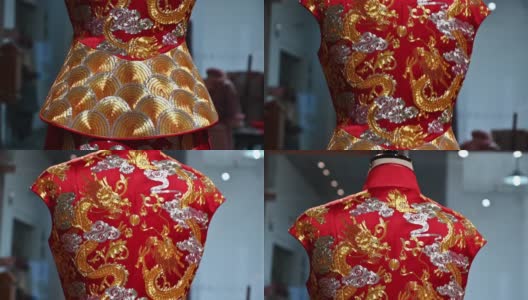 中国传统婚纱上华丽的龙刺绣高清在线视频素材下载