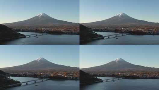 黎明时分富士山和川口湖的鸟瞰图高清在线视频素材下载