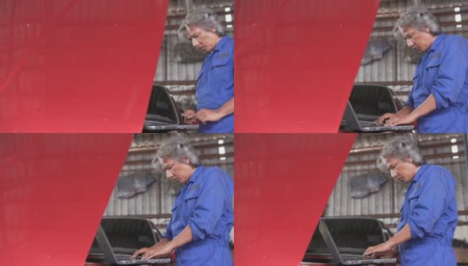 摄影车拍摄:亚洲高级汽车技师正在用笔记本电脑修理汽车高清在线视频素材下载