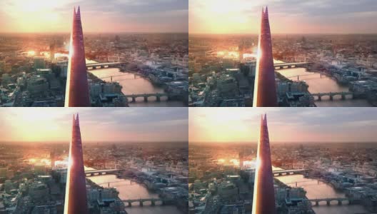 日落时分的伦敦城、泰晤士河和碎片大厦高清在线视频素材下载