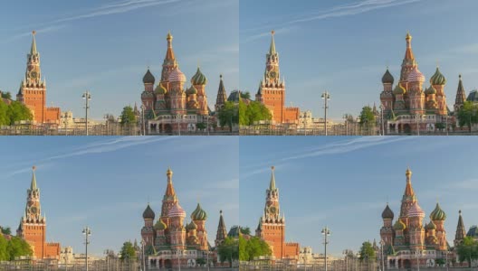莫斯科城市天际线时间流逝在红场和圣巴西尔大教堂，莫斯科俄罗斯4K时间流逝高清在线视频素材下载