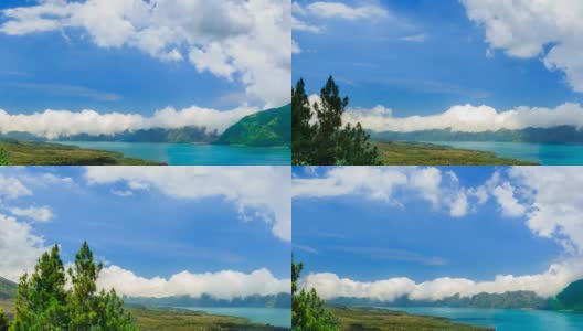 云在巴图尔山脉和一个山地湖泊的山峰上移动。时间流逝高清在线视频素材下载