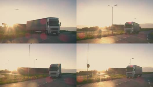 带拖车的半挂车在高速公路上转弯行驶。卡车是白色和新的。阳光在背景中闪耀。高清在线视频素材下载