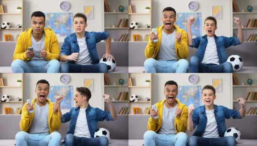 非裔美国人和白人朋友为最喜欢的足球队加油，爱好高清在线视频素材下载