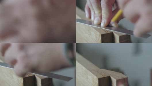 木匠用尺子和铅笔在木板上做记号。木工的艺术手工木工工具的声音高清在线视频素材下载