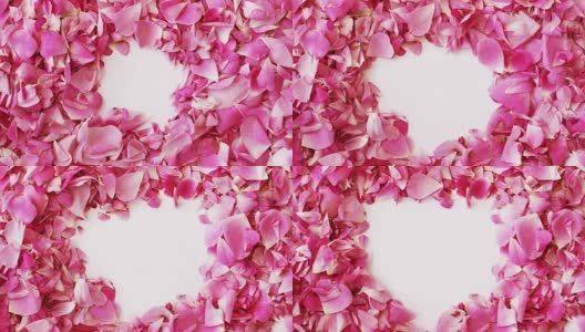 粉色的玫瑰花瓣做成心形的情人节，定格动画高清在线视频素材下载