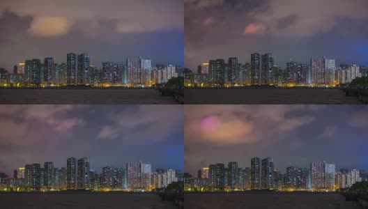 中国夜照亮珠海湾澳门城市景观海岸线全景4k时间高清在线视频素材下载