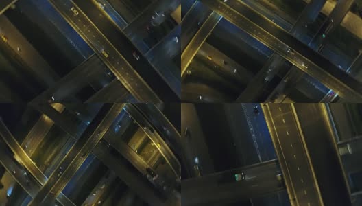 夜间城市街道交通的录像。高速公路交通鸟瞰图和俯视图，4K。高清在线视频素材下载