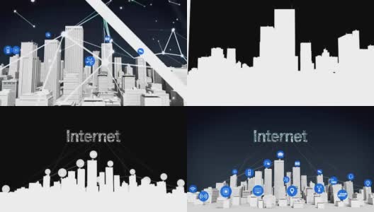 智能城市上的东西传感器图标，连接电网错字“互联网”白色建筑。高清在线视频素材下载