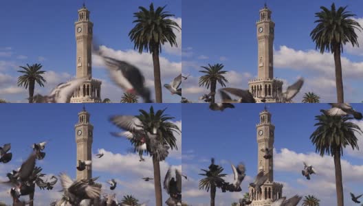 在伊兹密尔慢动作与旧钟楼的科纳克广场的观点。它建于1901年，是土耳其伊兹密尔市的象征高清在线视频素材下载