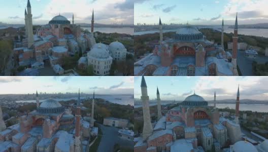 阿亚索菲亚博物馆空中镜头在黎明，伊斯坦布尔老城，oe01高清在线视频素材下载