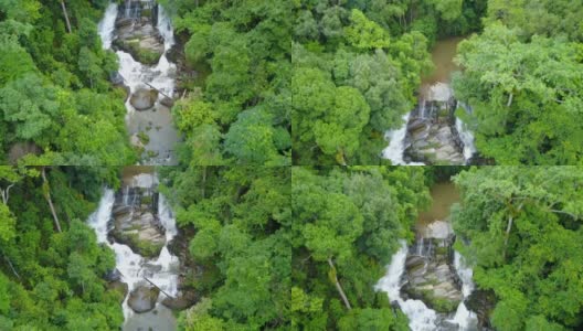 西丽丹瀑布鸟瞰图，水花飞溅，这是土因达侬国家公园山上的著名瀑布之一。位于泰国清迈。高清在线视频素材下载