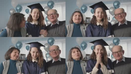 快乐的女毕业生的肖像，在学术帽和长袍与快乐的父母庆祝在线毕业在线连接的方式，看相机高清在线视频素材下载