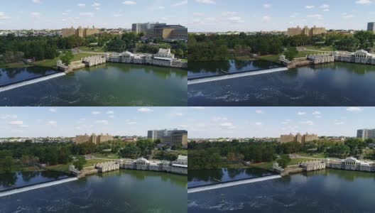 风景鸟瞰图的斯古基尔河，费尔蒙特大坝，费城艺术博物馆和费尔蒙特水利工程。高清在线视频素材下载