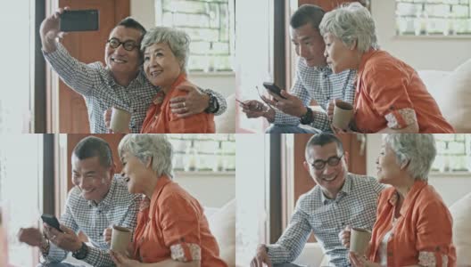 中国幸福老年夫妇在家用手机自拍高清在线视频素材下载