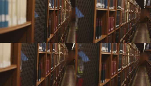 图书馆书架上的书籍跟踪高清在线视频素材下载