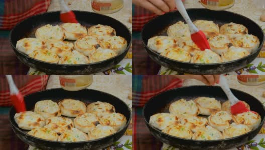 厨师用鸡肉和奶酪制作迷你派高清在线视频素材下载