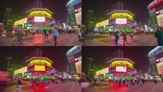 夜光照亮长沙市中心著名的步行街拥挤的广场全景，时间跨度4k中国高清在线视频素材下载