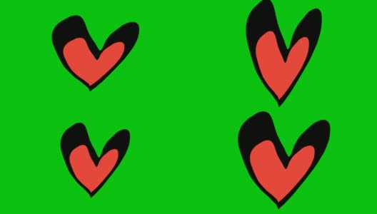 彩色心形爱象征卡通动画在绿色屏幕上。坠入爱河和情人节的概念。色度键和alpha通道高清在线视频素材下载
