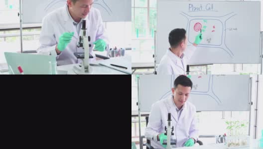 在生物实验室中使用光学显微镜研究微小植物细胞的科学实验的亚洲中部科学家，并在生物课上教授细胞的组成部分。研究人员正在分析蓝色液体作为创新的效果。高清在线视频素材下载