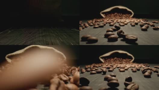 咖啡豆从木桌上的布袋里掉出来。慢动作高清在线视频素材下载