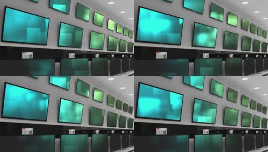 一排排闪烁着绿色屏幕的电视机的动画在商店里高清在线视频素材下载