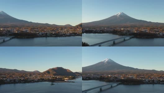 黎明时分富士山和川口湖的鸟瞰图高清在线视频素材下载