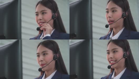 在呼叫中心工作，戴耳机的女性客户服务接线员高清在线视频素材下载