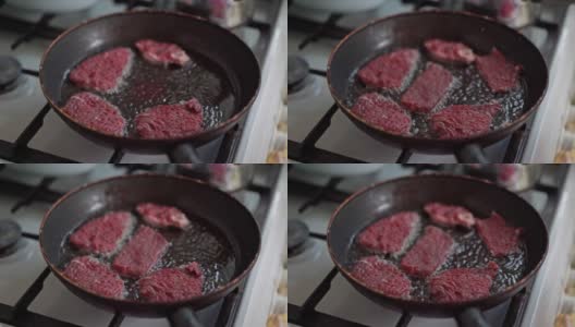 肉在平底锅里煎高清在线视频素材下载
