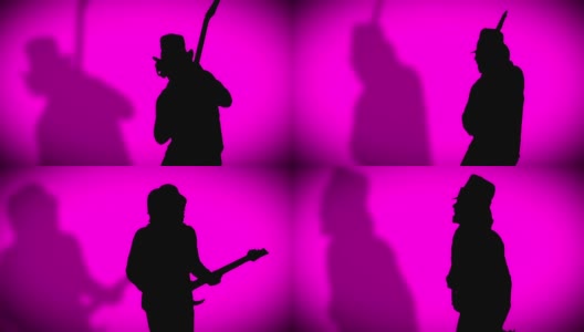 戴着帽子，带着影子的酷摇滚吉他手正在粉色背景上弹奏电吉他。高清在线视频素材下载