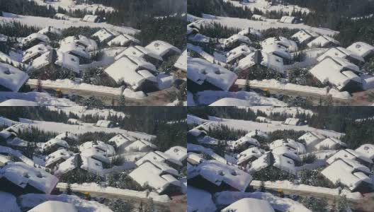 从滑雪缆车到山上小屋被雪覆盖的屋顶的景色高清在线视频素材下载