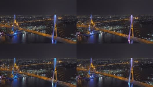 泰国曼谷，普密蓬大桥，湄南河，夜间的建筑高清在线视频素材下载