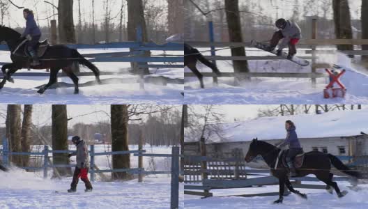 慢镜头:一个女孩骑着马疾驰。一匹马用绳子拖着一个滑雪者。滑雪者在雪堆中骑在滑雪板上。女骑师和男滑雪板运动员通过跳板进行跳跃高清在线视频素材下载