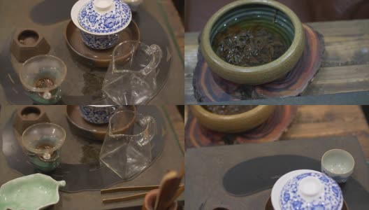 用陶瓷碗和茶道用具泡茶高清在线视频素材下载