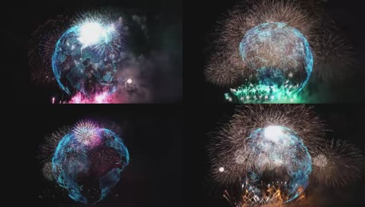4K剪辑的多色烟花庆祝在部分抽象的行星地球粒子背景，独立日概念高清在线视频素材下载