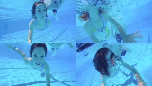 孩子们在游泳池里蹦蹦跳跳的水下镜头高清在线视频素材下载