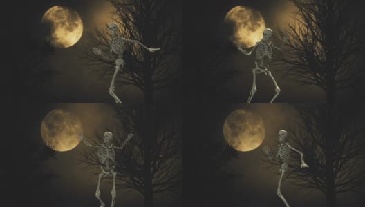 在满月的夜空背景上跳舞的3d骨架。月亮的光。云和月亮，美丽的夜晚幽灵无缝循环背景高清在线视频素材下载