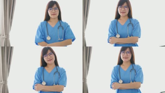 女护士在医院病房微笑的肖像，慢镜头高清在线视频素材下载