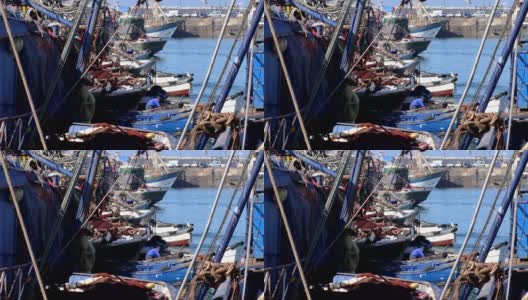 摩洛哥阿加迪尔渔港的拖网渔船高清在线视频素材下载