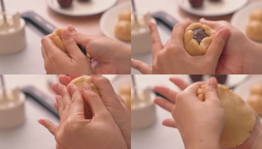 中秋节月饼的制作工艺——用豆沙包馅。女性节日自制概念。高清在线视频素材下载