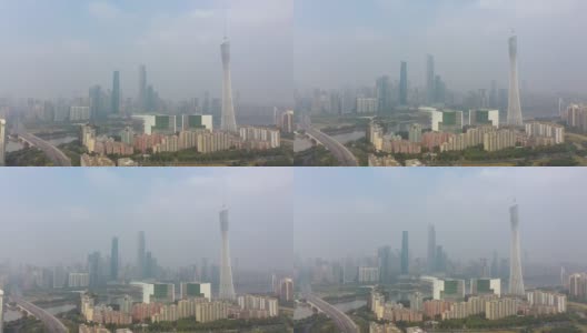 阳光明媚的一天广州市区交通大桥著名的塔，河边航拍全景4k中国高清在线视频素材下载