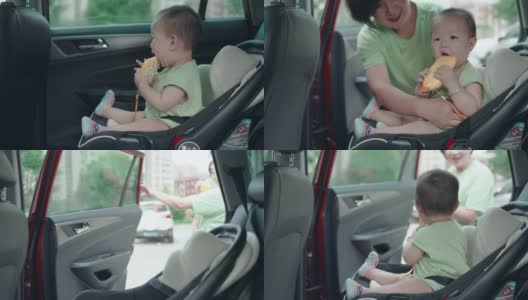妈妈正带着孩子们坐在汽车座椅上高清在线视频素材下载