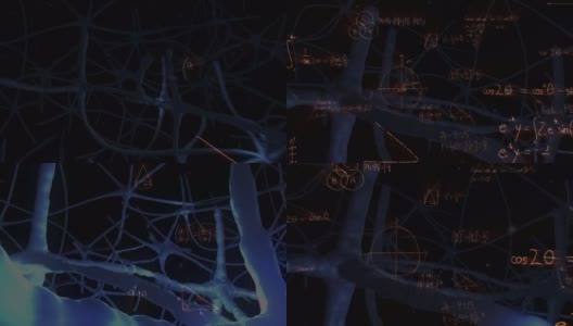 在黑色背景上数字神经元上的数学方程动画高清在线视频素材下载