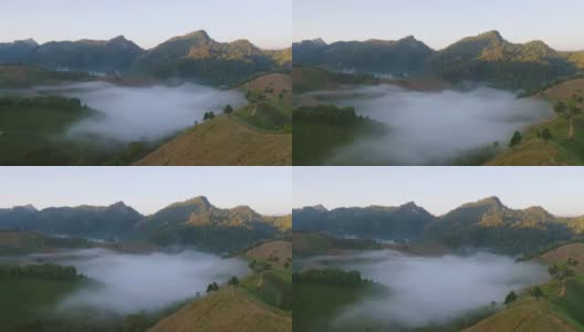 鸟瞰森林树木和绿色的山峰与海雾，雾和云。自然景观背景，泰国。高清在线视频素材下载