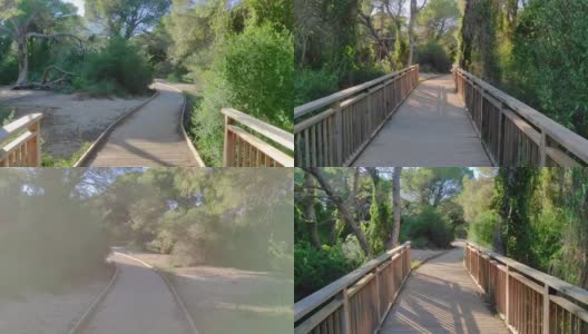 沿着自然公园的木桥徒步旅行，第一人称视角高清在线视频素材下载