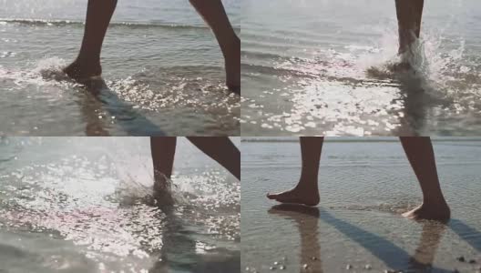 一个年轻女人的腿在海边散步。女子沿着海岸奔跑溅起海水，慢镜头。女人赤脚跑进浅浅的透明海水里。高清在线视频素材下载