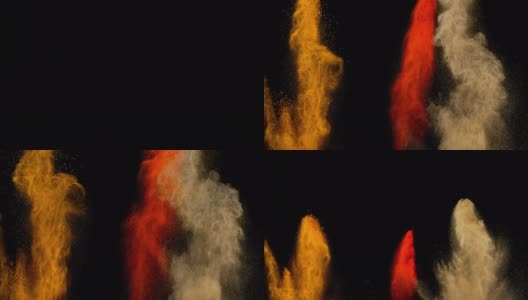 三种不同的香料粉在黑色背景下爆炸高清在线视频素材下载