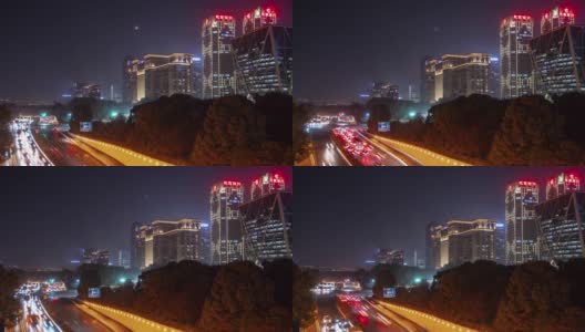 夜景时间照亮了杭州市区交通滨江湾路时光流逝的4k中国全景高清在线视频素材下载