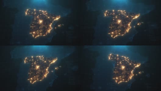 西班牙城市灯光照明的夜晚地图高清在线视频素材下载